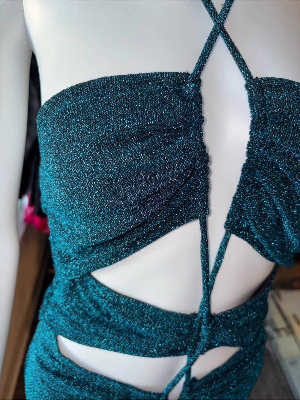 Emerald Green Shimmer Cut Out Maxi Dress Open Back Slit Sexy L - Picture 5 of 13
